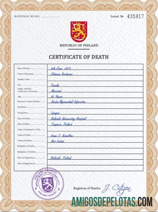 Imprimível modelo PSD de certidão de óbito da Finlândia